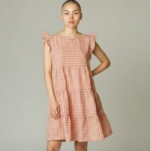 Pink Gingham Tiered Dress Small Flutter Sleeve Cottagecore Picnic Pockets S
